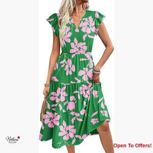 Cotton Blend Summer Casual Dress Ruffle Sleeve V Neck Midi with Pockets
